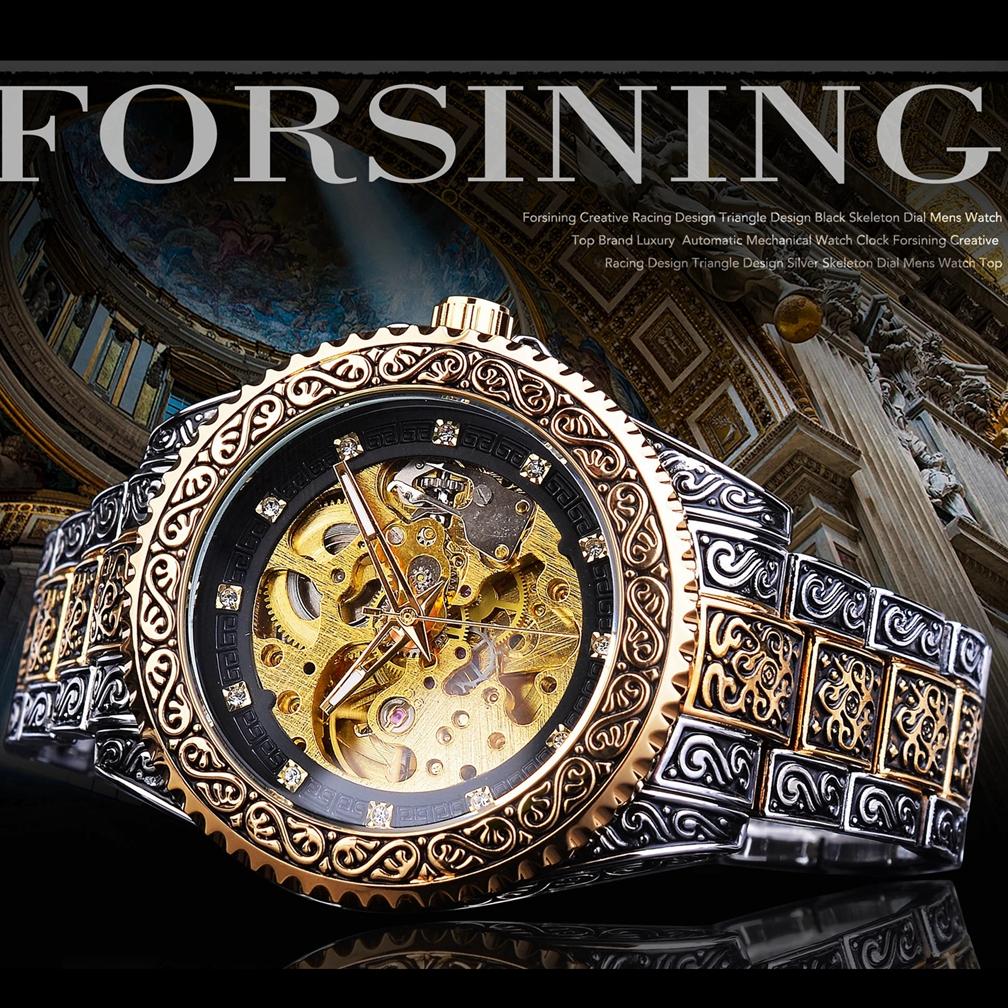 Mechanische Herrenuhr Automatische Armbanduhr Luxus Diamant Edelstahl Skelett Uhren Gold Relogio Masculino