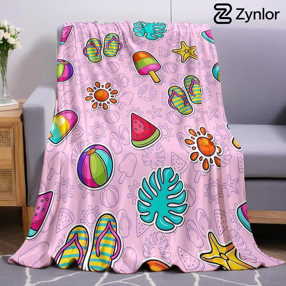 Summer Beach Sticker Cartoon Anime Print Flannel Blanket Soft Warm Throw for Kids Bedroom Sofa Bed Christmas Office Car