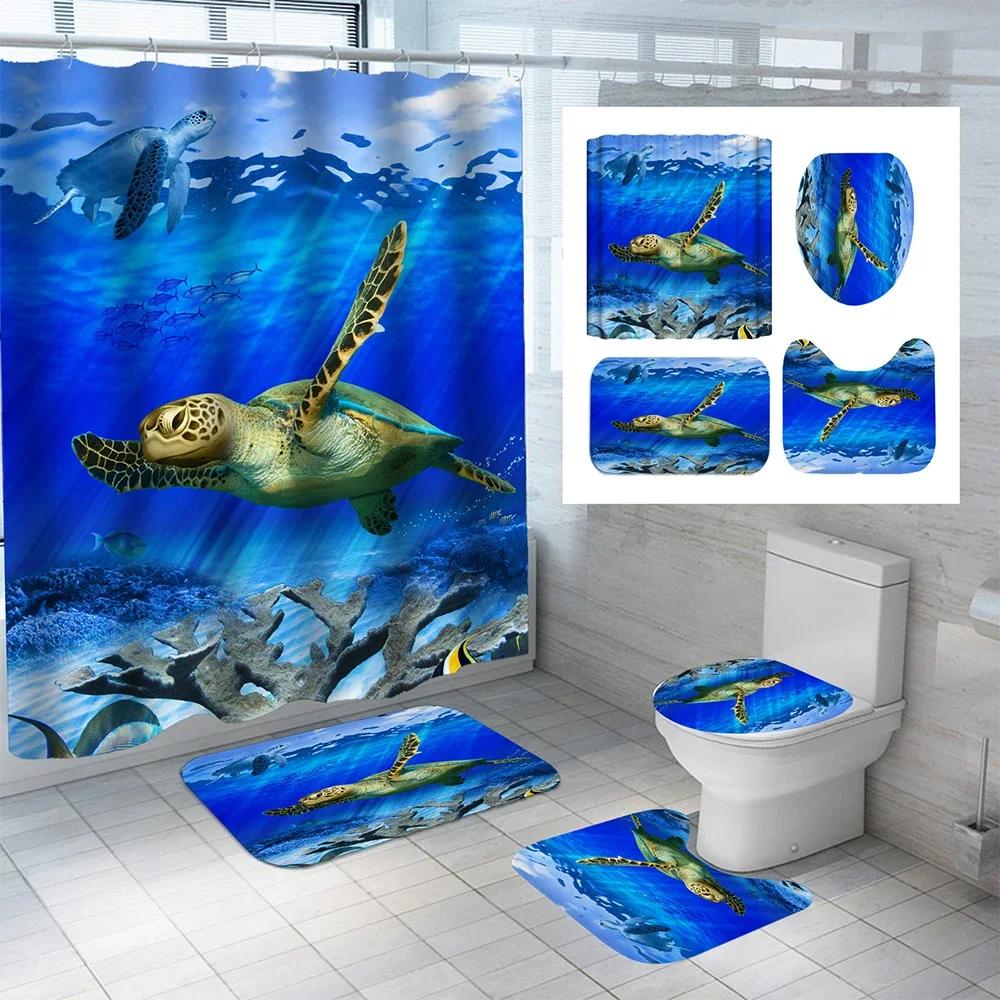 Turtle Sea Horse Dolphin Print Shower Curtain Set Bathroom Bathing Screen Anti-Slip Toilet Lid Cover Carpet Rugs Home Decor Sets