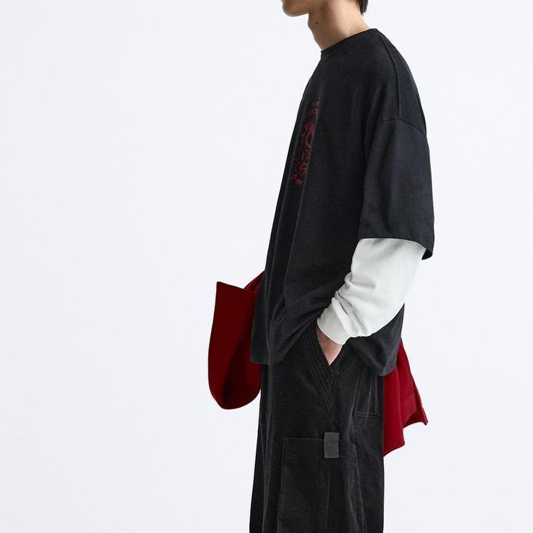 Zara Ss24 Year Of The Dragon Limited Edition Color Block Faux Two-Piece Round Neck Pullover Long Sleeve T-Shirt Men Tops Gray 0722408-922