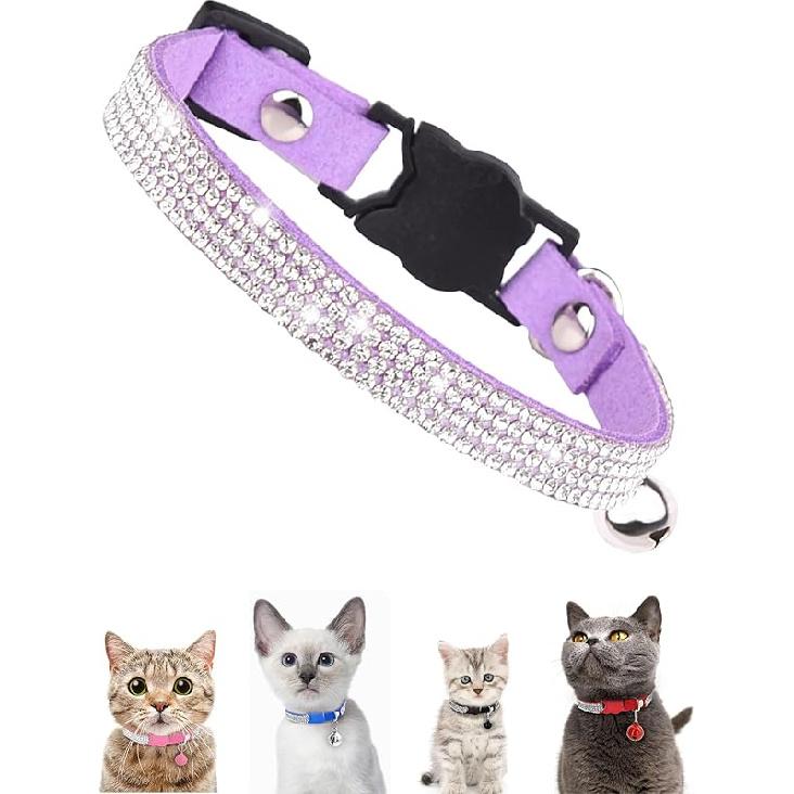 Cat Collar with Rhinestone Bling Cute Bells Leather Cat CollarsAccessories for Pet Collars Ldeal for Girl Cats Male Cats(Black)