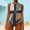Women Plus Size High Round Neck Sleeveless Printed One Piece Swimsuit Red Blue White