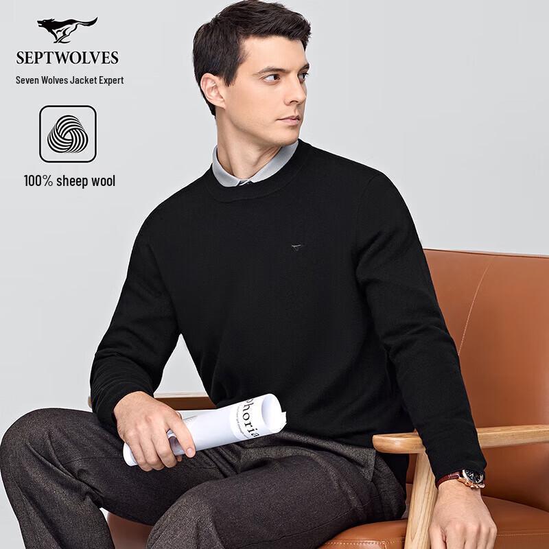 SEPTWOLVES Men's 100% Merino Wool Round Neck Sweater