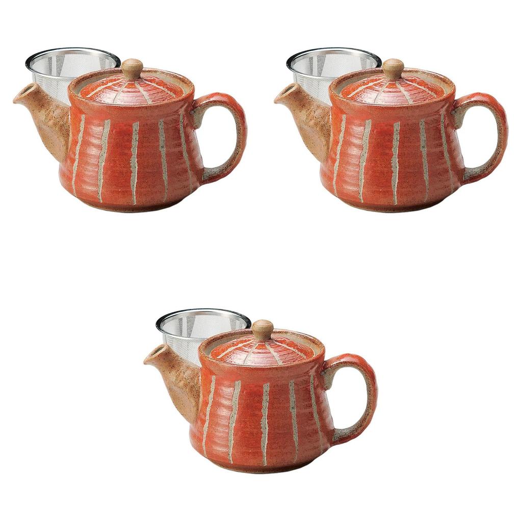 Set of 3 Small Red Horsetail Pots with Strainer [365cc]  Ceramic Pots by Setomonohonpo