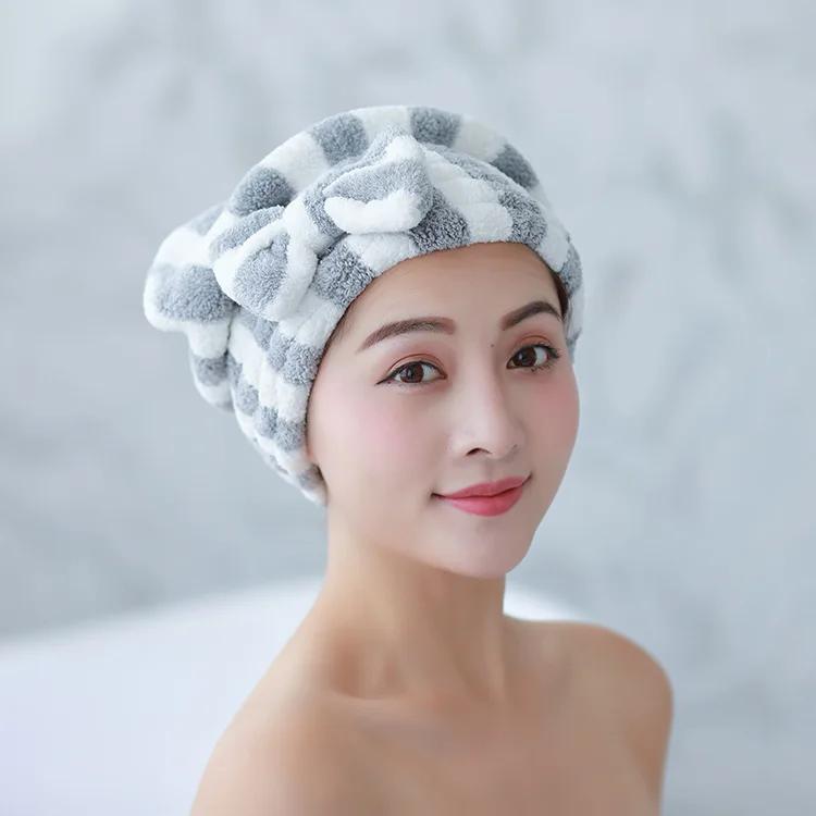 Coral Fleece Cationic Bow Dry Hair Cap, Microfiber Absorption and Quick-drying Striped Shower Cap