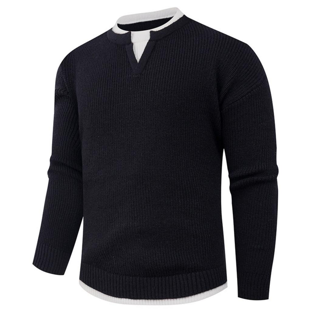 Men's Casual Solid Color Fake Two-piece Knitted Sweater, Men's Long-sleeved Pullover, Loose Inner V-neck Over Round-neck Sweater