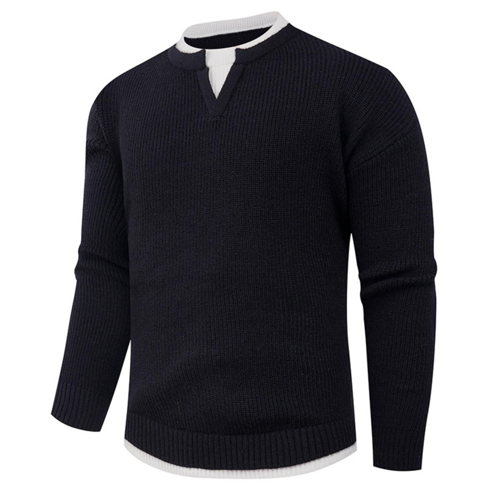

Men s Casual Solid Color Fake Two-piece Knitted Sweater, Men s Long-sleeved Pullover, Loose Inner V-neck Over Round-neck Sweater L чёрный