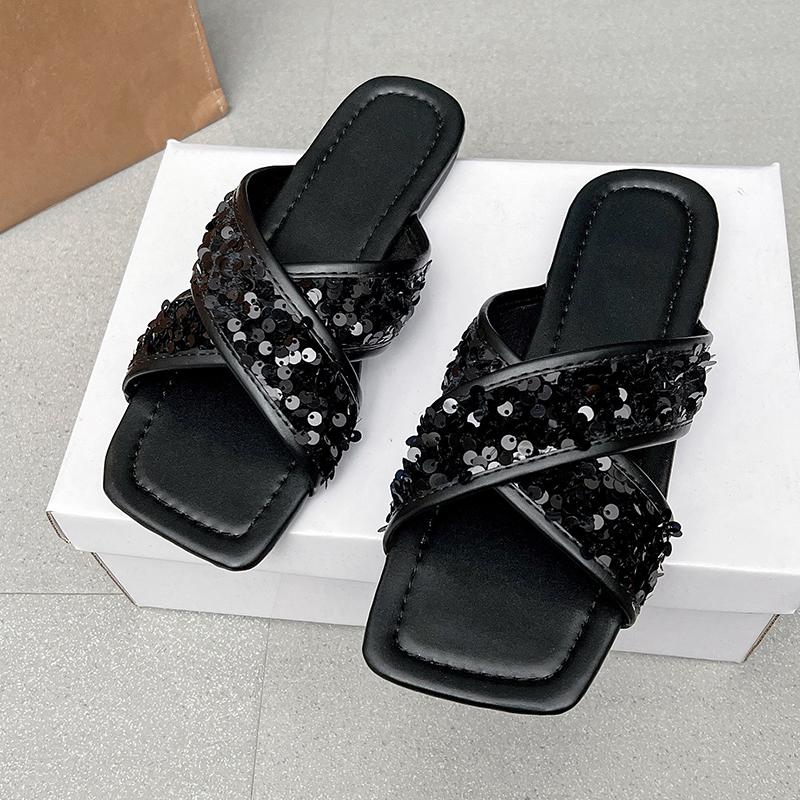 Fashion Summer New Flat Sandals for Women Fashion Square Head Open Toe Sequin Cloth Soft Sole Anti-slip Wear-resistant Slippers