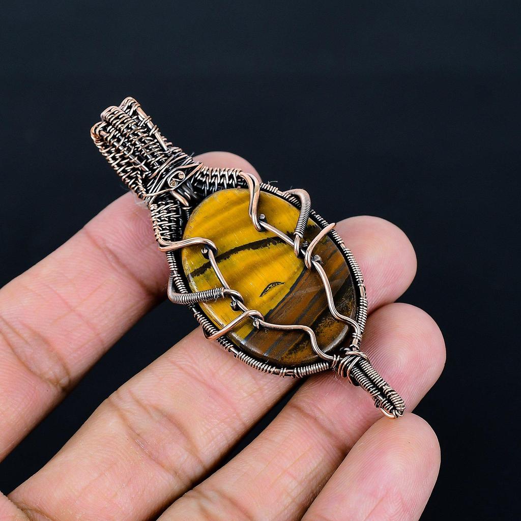 Tiger Eye Pendant, Handmade Gemstone 999 Copper Wire Wrapped Pendant Antique Jewelry, For Gift Silver Jewelry