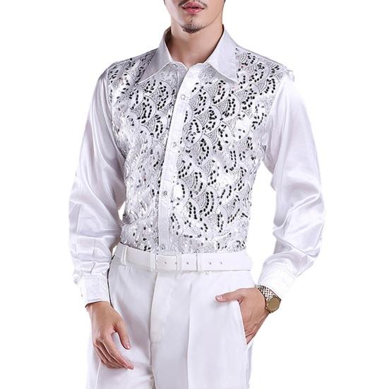 Herren Luxus Paillettenhemd Figurbetontes formelles Hemd für Hochzeit Einreihiges Hemd mit langen Ärmeln Revers