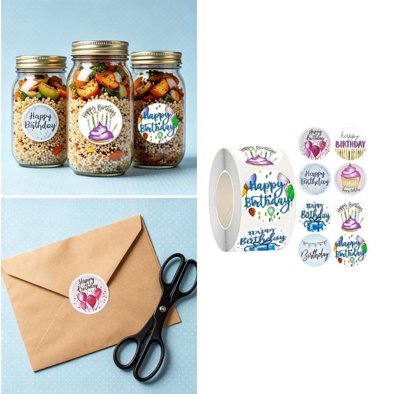 Birthday Package Labels Roll 1 Inch Round 500 Count Paper Seals for Favor Bags, Gift Boxes, Envelopes and Handmade Package Closing