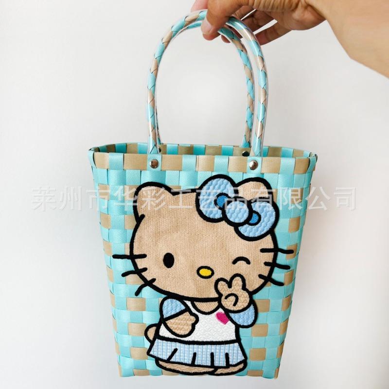 Summer Sea Salt Blue Hand Basket Plastic Woven Bag Hello Kitty Vertical Vegetable Basket Girl Handbag Handwoven