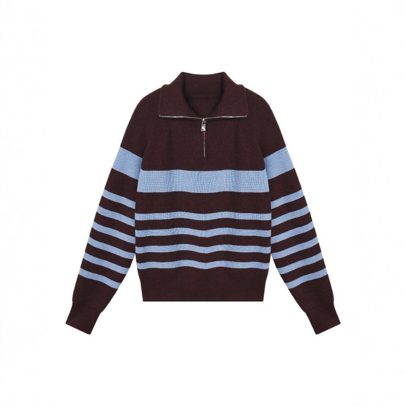 Striped Half-zip Lapel Pullover Sweater Jacket for Women in Autumn and Winter New Style Lazy Style Outer Wear Long-sleeved Sweater