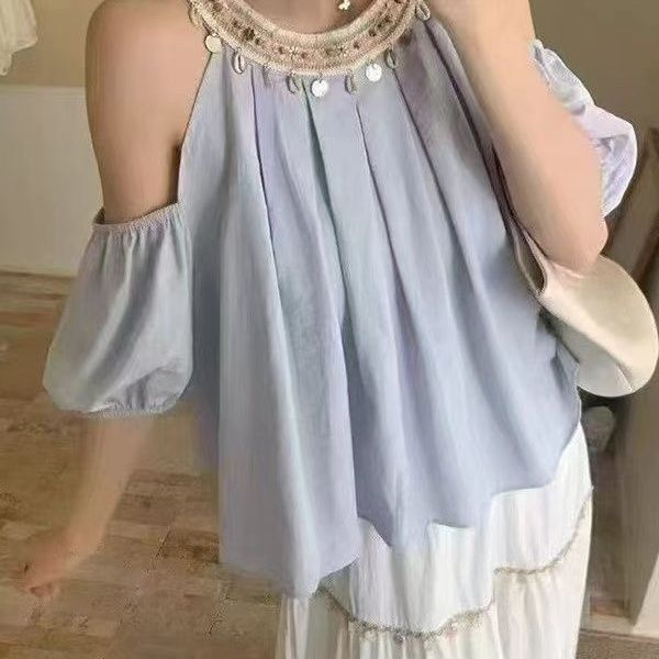 Beach Holiday Blue Blouse Women Off Shoulder Loose Top with Beads Round Neck