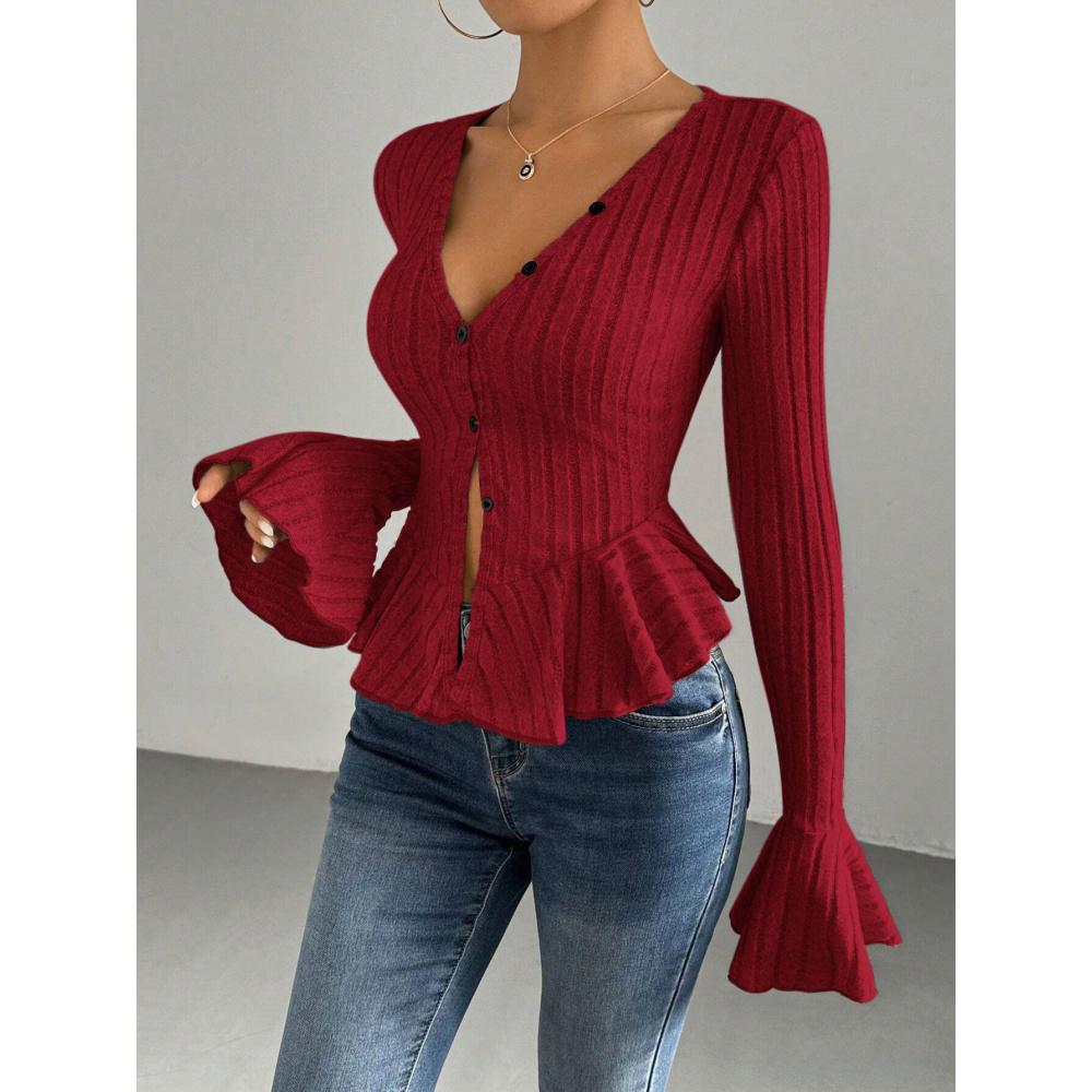 Women's Elegant Style T-Shirt Autumn Winter New V-Neck Ruffle Slim Fit Temperament Fleece Top