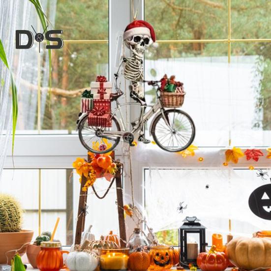 Weihnachts-Totenkopf-Ornament, Weihnachtsmütze, Skelett, Fahrradfahren, Acryl-Anhänger, Weihnachtsbaum-Hängedekoration für Innen- und Außendekoration