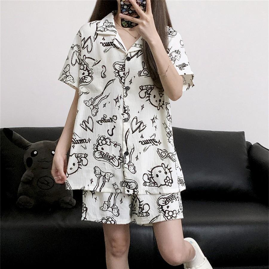 

Korean graffiti style Hello Kitty full print pajamas summer short sleeves shorts cardigan two-piece girl loungewear S