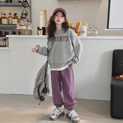 2024 Girls' Stylish Two-Piece Suit: Casual Sweatshirt & Sports Pants for Big Kids