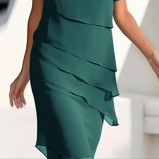 Elegantní dámské plisované šifonové šaty Jednobarevné Kulatý výstřih Krátký rukáv Midi šaty na dovolenou Koktejlovou párty Večerní Dámská móda