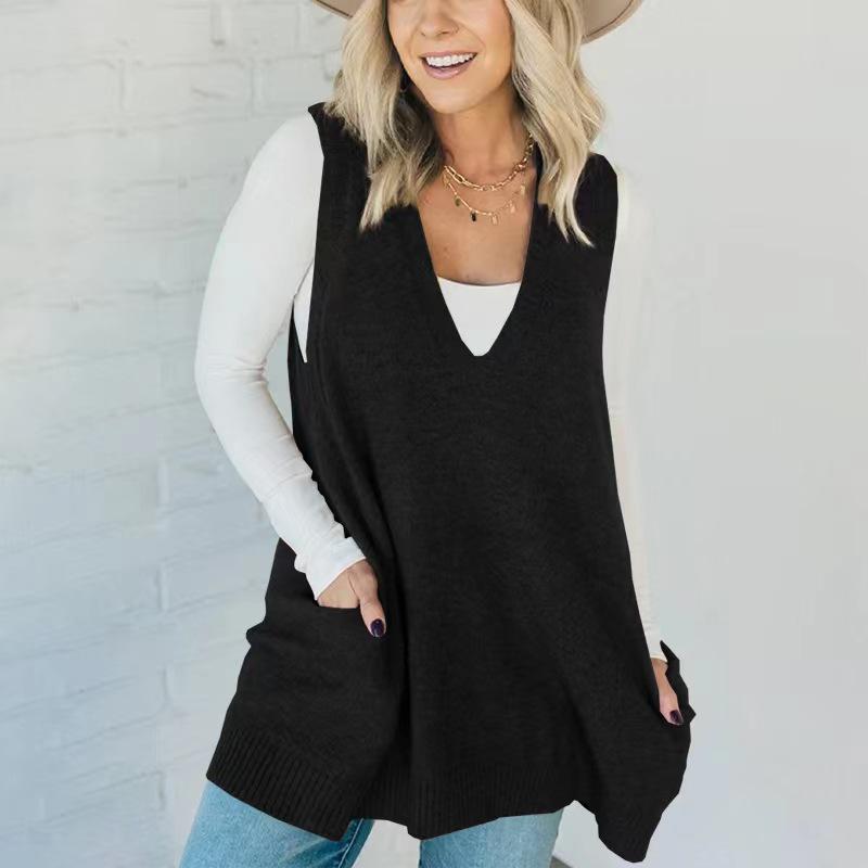 Herbst/Winter Einfarbiger V-Ausschnitt Taschen Strickweste Pullover 2025