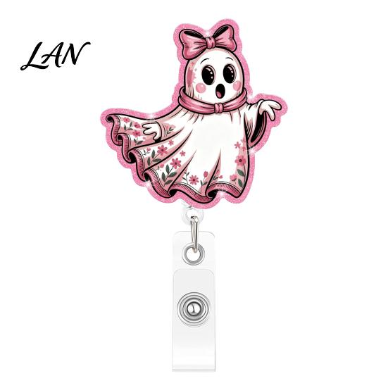 Lightweight Retractable Badge Holder Halloween Ghost Reel, Glitter Acrylic Clip, Cute Pink Smooth Cord Reel ID Name for Women Nurse Teacher
