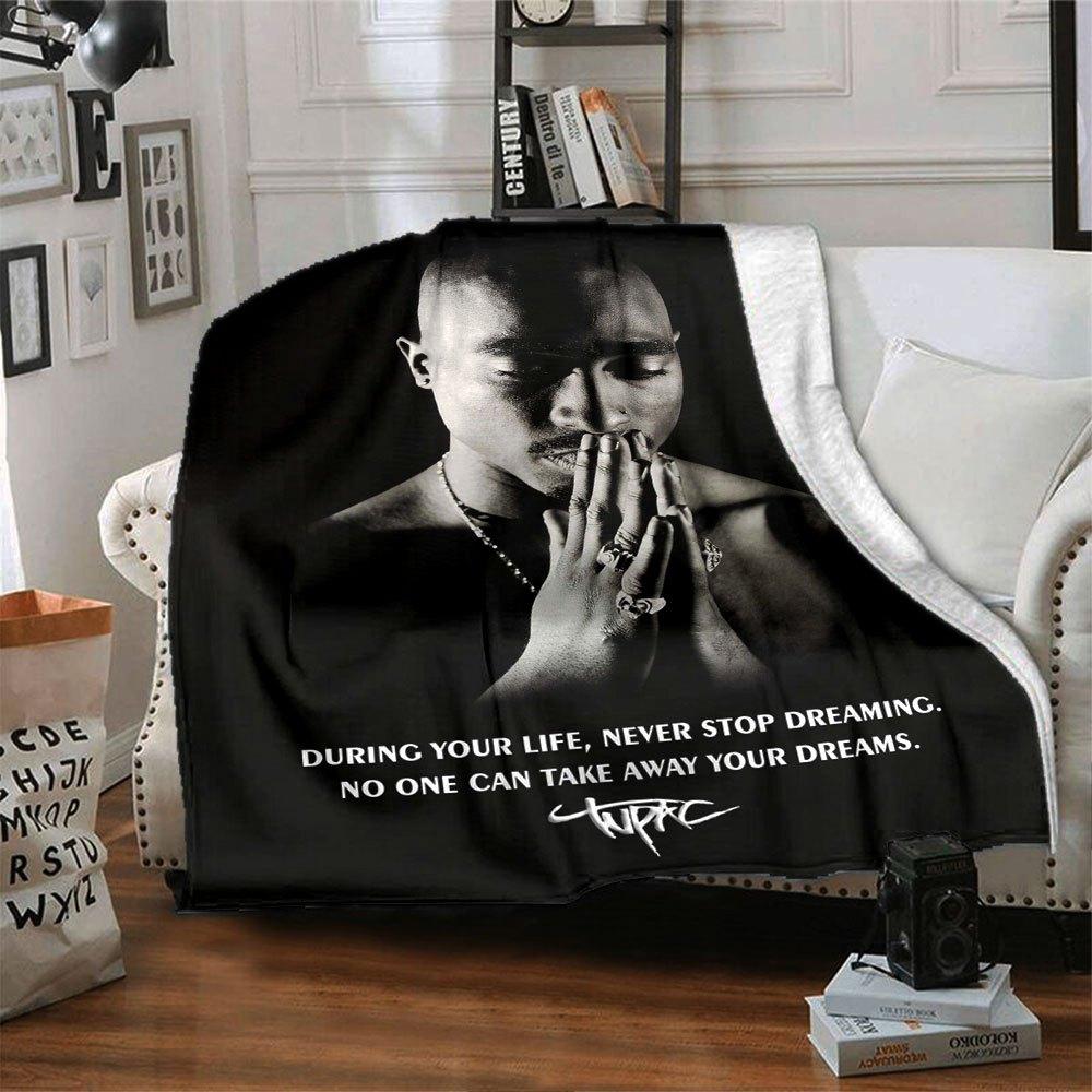 1pc 2Pac Hip Hop Blanket Soft Lightweight All Season Multi Purpose Throw for Sofa, Bed, Office & Picnics, French Style with Iconic Album Art & Quotes