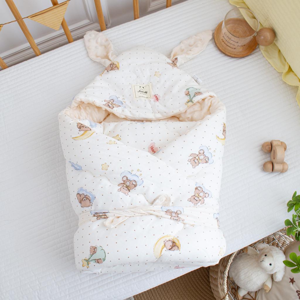 Dvouvrstvá gázová fazolová čepička s potiskem pro novorozence, dlouhé uši, zavinovačka do porodnice, držení jednotlivě, silné novorozenecké dítě