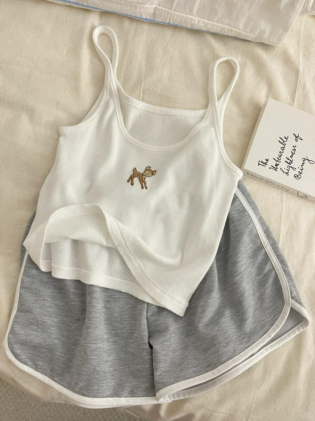 Женский комплект пижамы-майки с мягкими чашечками - Шорты и топ, Тонкая ткань, Хлопковый смесовый домашний костюм Size: M-L