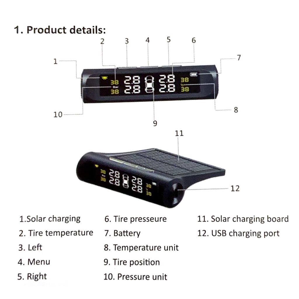 Sistema TPMS BAIFULAI Con 4 Sensori Esterni – Monitoraggio Pressione 0-6 Bar, Solare E USB, IPX7