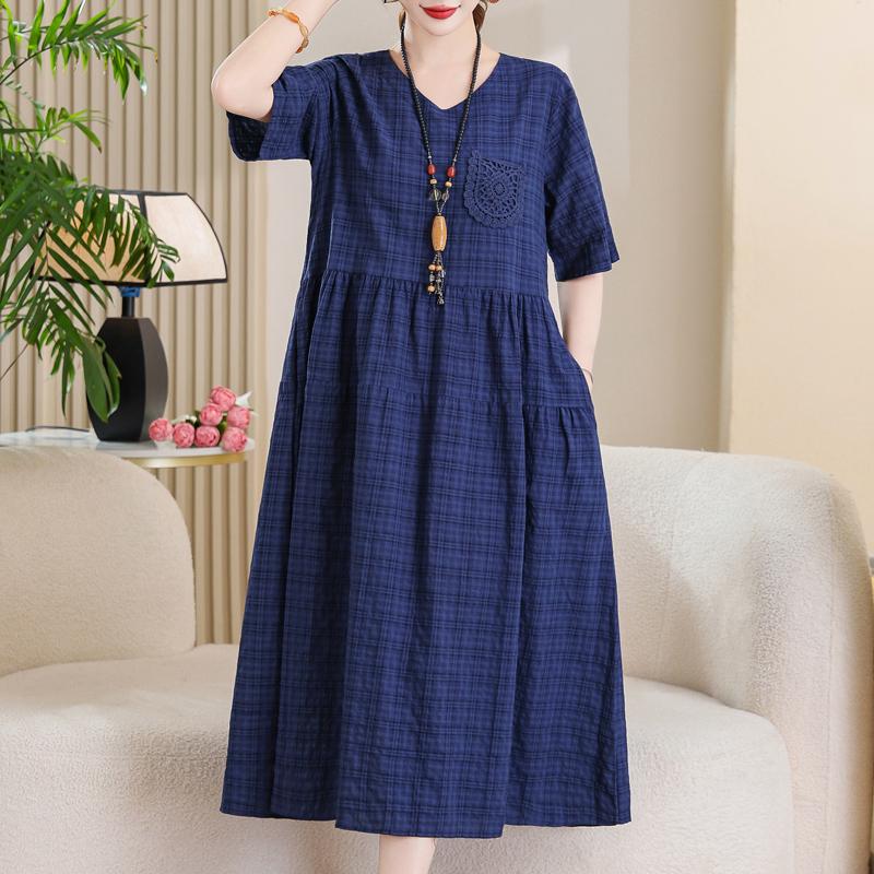 Women's Plus Size Cotton Linen Dress, Loose V-Neck Casual Summer Midi Dress with Pockets (XL-5XL)