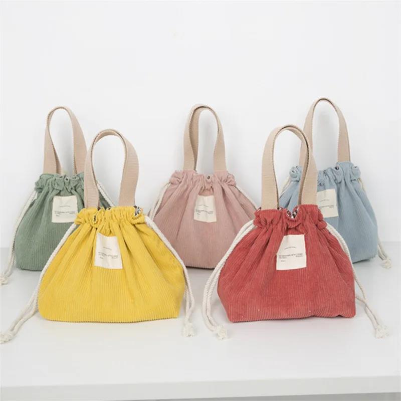 Lunch Bag Corduroy Canvas Box Drawstring Picnic Tote Eco Cotton Cloth Small Handbag Dinner Container Food Storage Bags