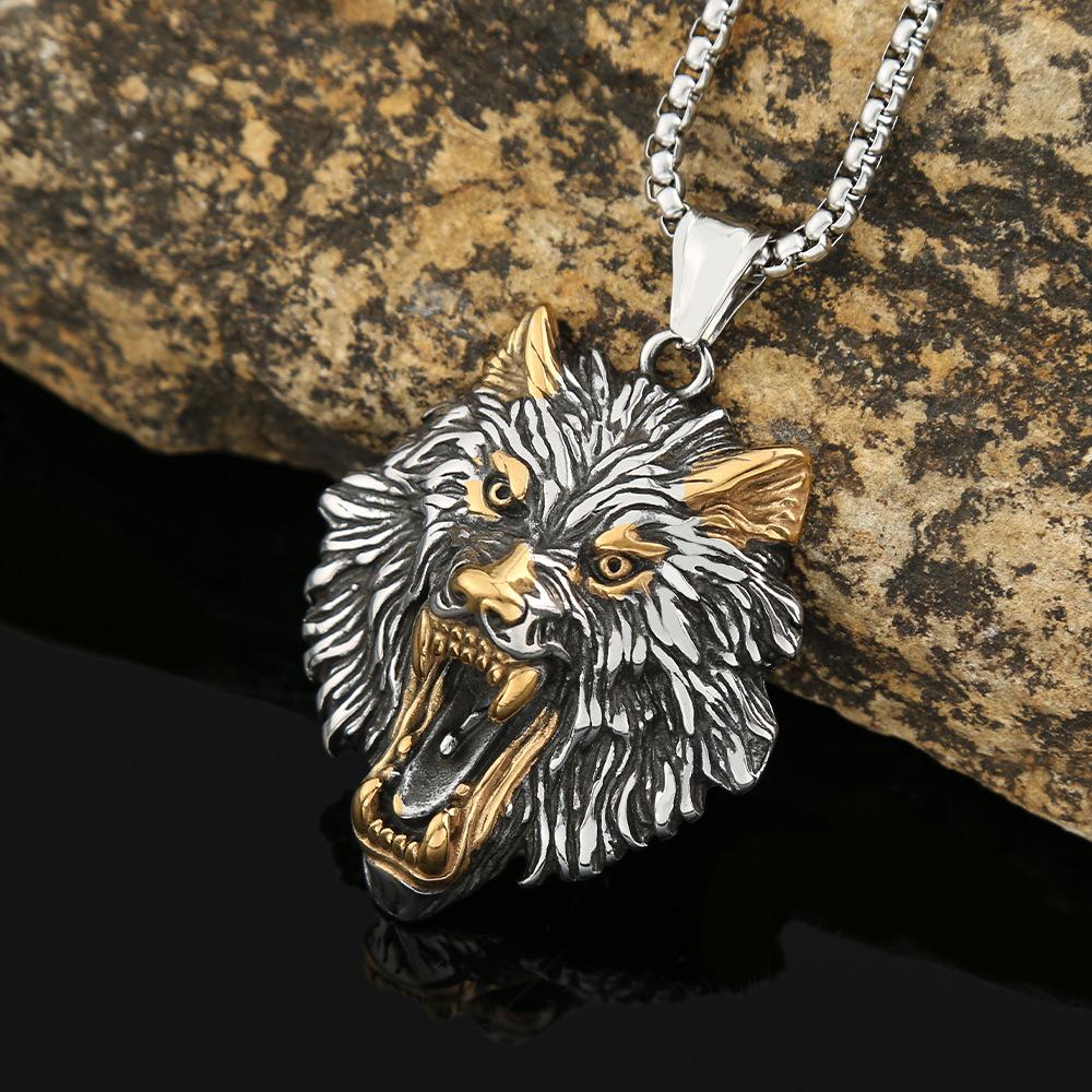 Hip-hop Retro Titanium Steel Men's Necklace Does Not Fade Domineering Personality Stainless Steel Wolf Head Pendant