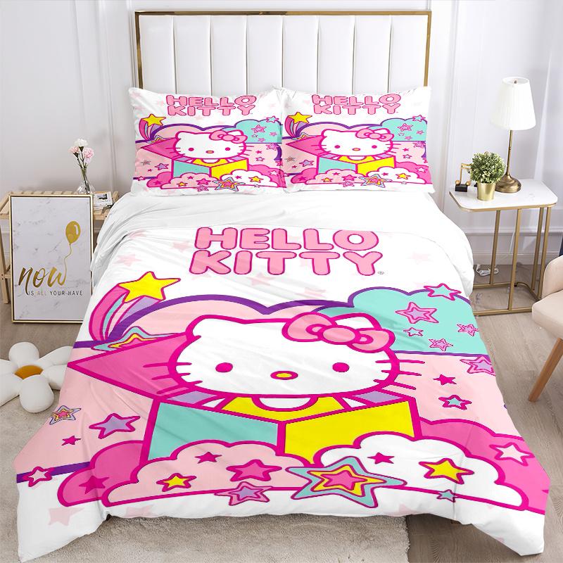 3pcs Hello Kitty with Stars and Clouds Print Bedding Set (1 Cover + 2 Pillowcases, Without Inserts),  Soft and Comfortable S041
