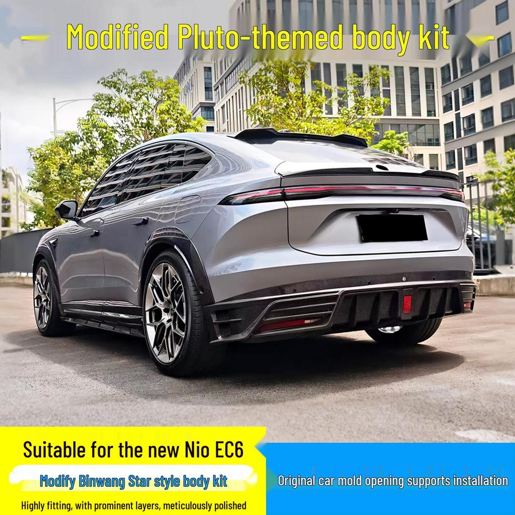 Compatible with 25 NIO EC6 models, the Pluto kit includes a front lip with lights, rear lip, rear spoiler, top spoiler, wheel arches, and side skirts.