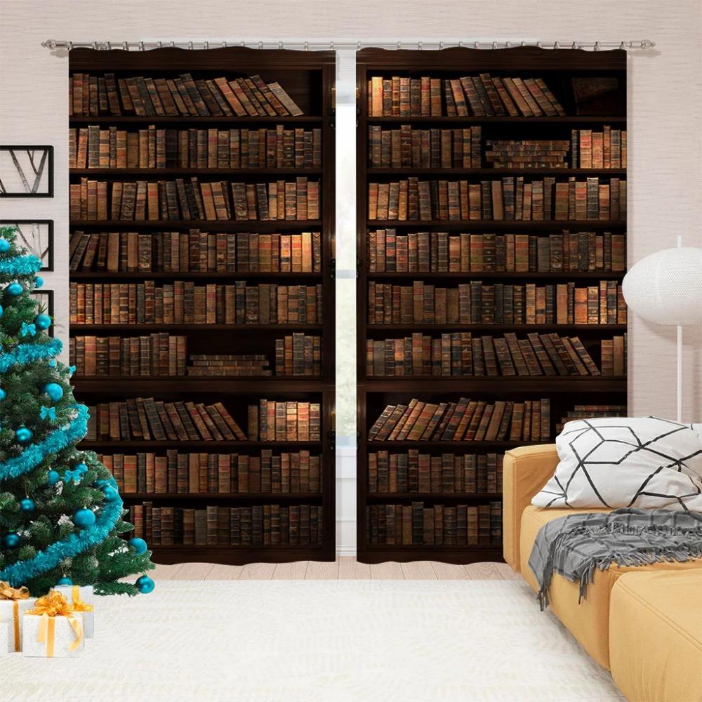 Retro Bookshelf Library Book Drapes designed for Bedroom Space Living Room Drapes Kitchen Children's Room Window Curtain Modern Home Decor