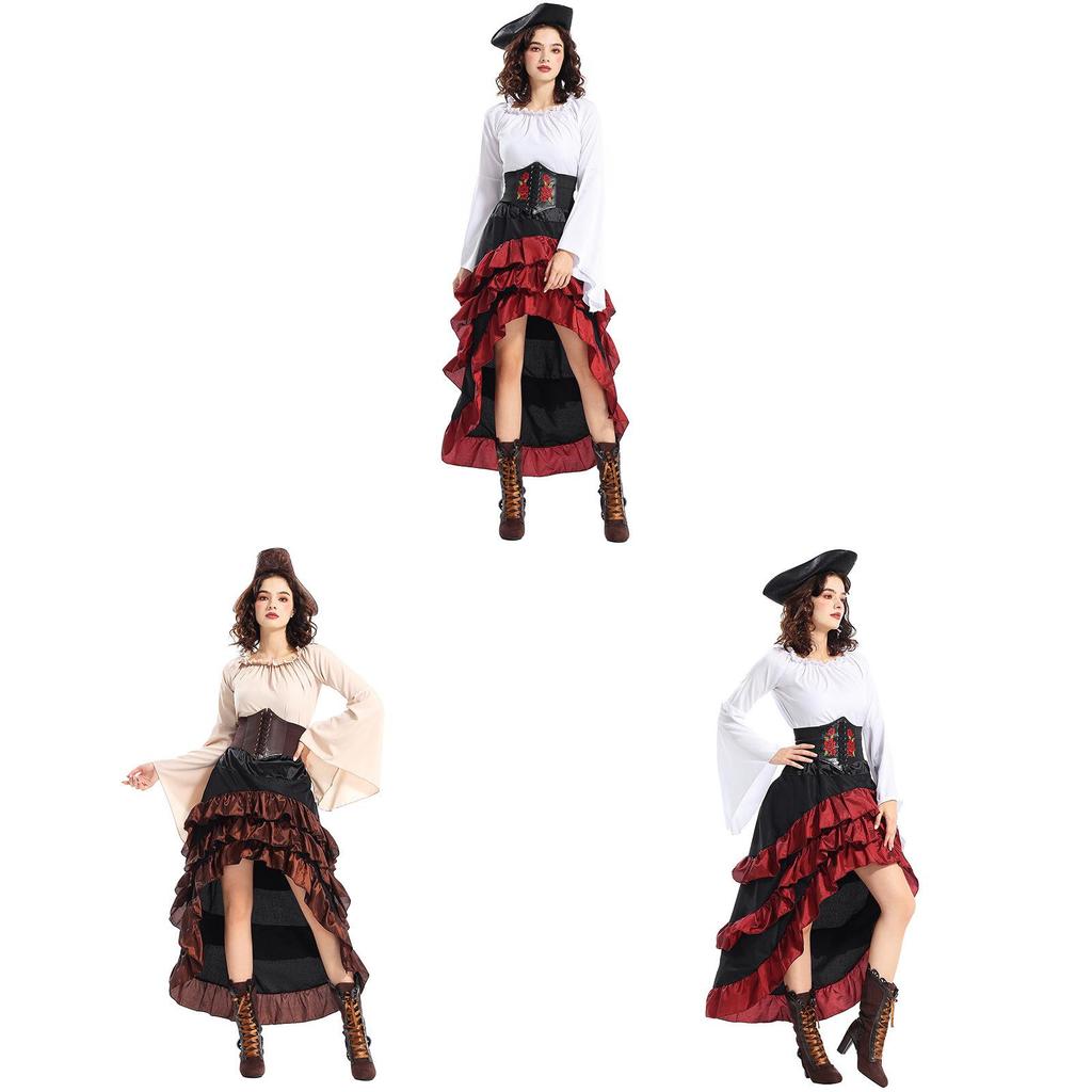 Game Themed Pirate Queen Costume With Ruffled Long Dress For Cosplay Enthusiasts