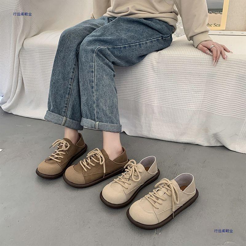 Maillard retro leather shoes women's new soft-soled lace-up casual splicing retro single shoes