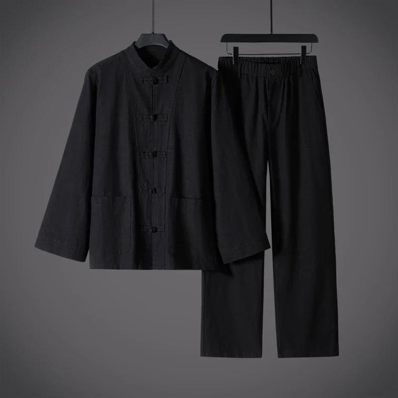 Chinese Style Cotton Linen Men Two Piece Set Men Mandarin Collar Frog Button Tang Suits Loose Casual Breathable Autumn Outfit