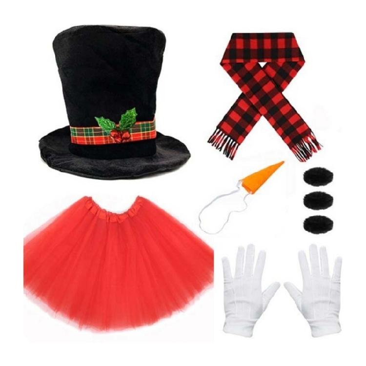Winter Frosty Snowman Costume Christmas Play Dress Up Accessories Carrot Nose Scarf Gloves Pompoms Balls Tutu Skirt