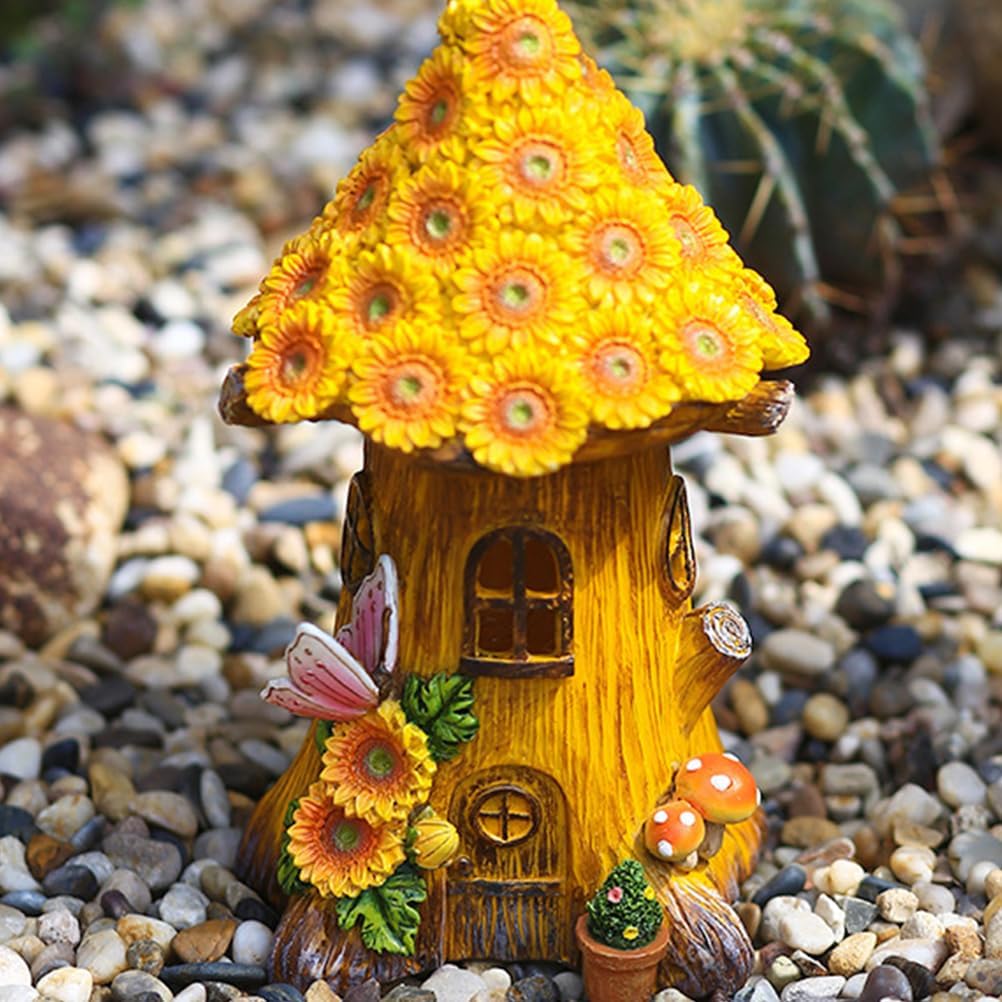 Angoily Solar Fairy House, Solar Resin Powered Garden Decor Creative Landscape Decoration for Yard Patio and Lawn Ornaments, Landscape, Fairy Garden