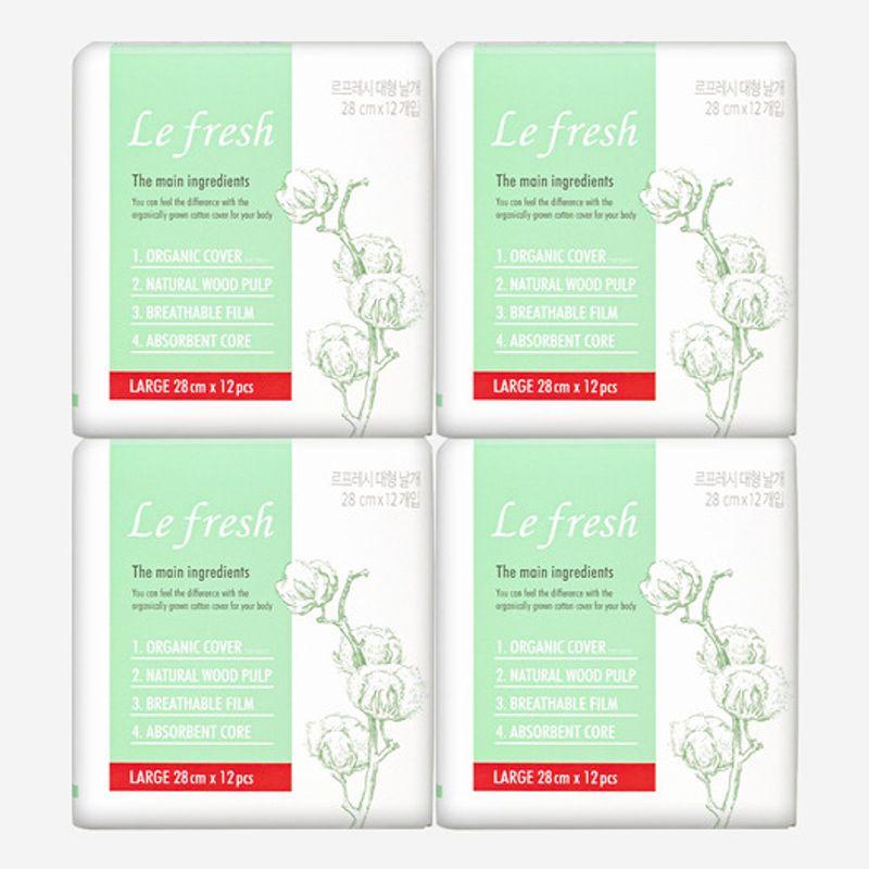 Lefresh Organic 100% Cotton Cover Vegan Sanitary Pads Large 4 Pack (48 Sheets) Large 12 sheets X 4 packs