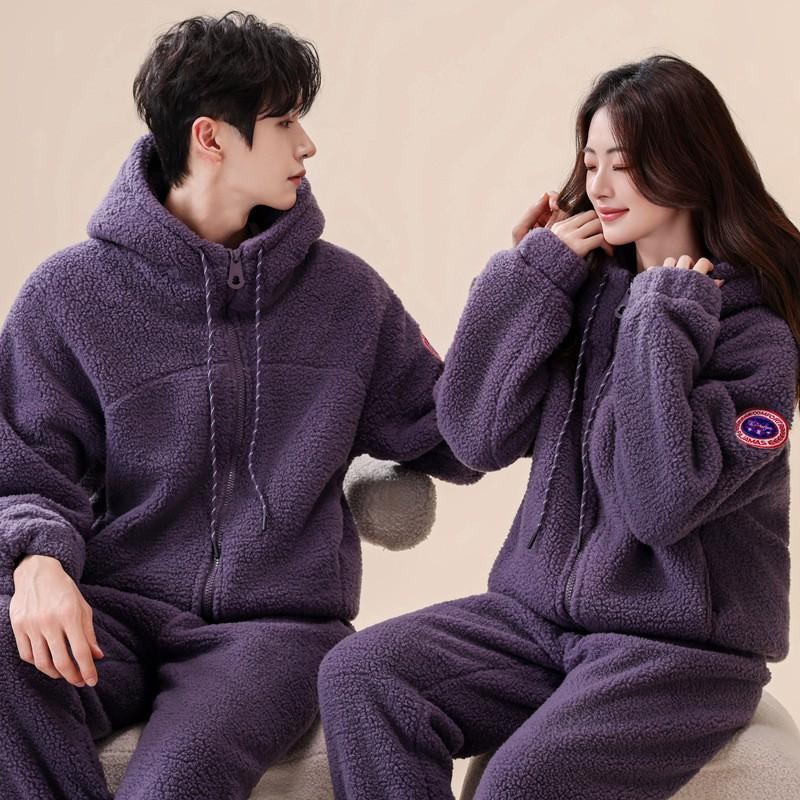 Coral Fleece Pajama Set Thick Double Layer Soft Loungewear Men Women Winter Homewear