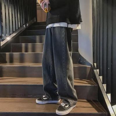 Heren Zwarte Wijde Pijp Retro Rechte Jeans - Nieuwe Herfsttrend, Losvallend, Grote Maten Beschikbaar.
