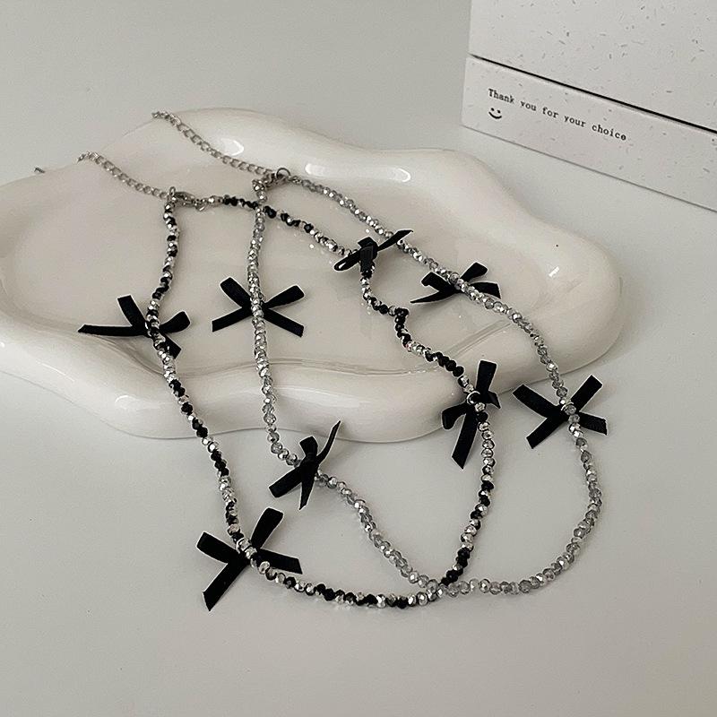 Shiny Crystal Beaded Bowknot Necklace for Women Girls Sweet Neck Jewelry Accessory Clavicular Chain Chokers Party Daily Wear