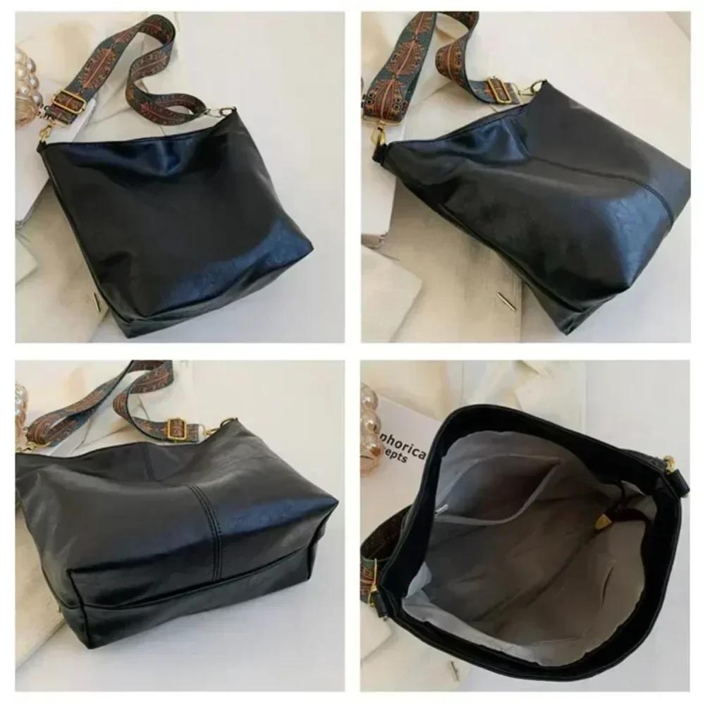 Vintage Solid Color PU Leather Women Fashion Shoulder Sling Bag High-Capacity Simple Wide Strap Bucket Crossbody Bag Commuting
