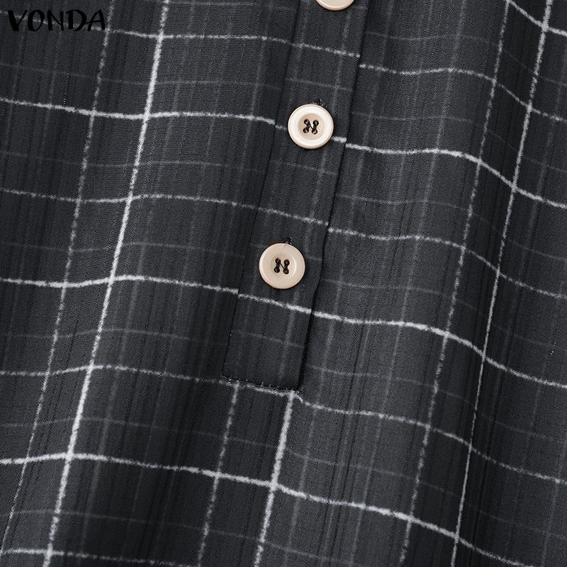 VONDA Women Lapel Neck Casual Long Sleeve Retro Plaid Patchwork Ruffled Shirts Dress