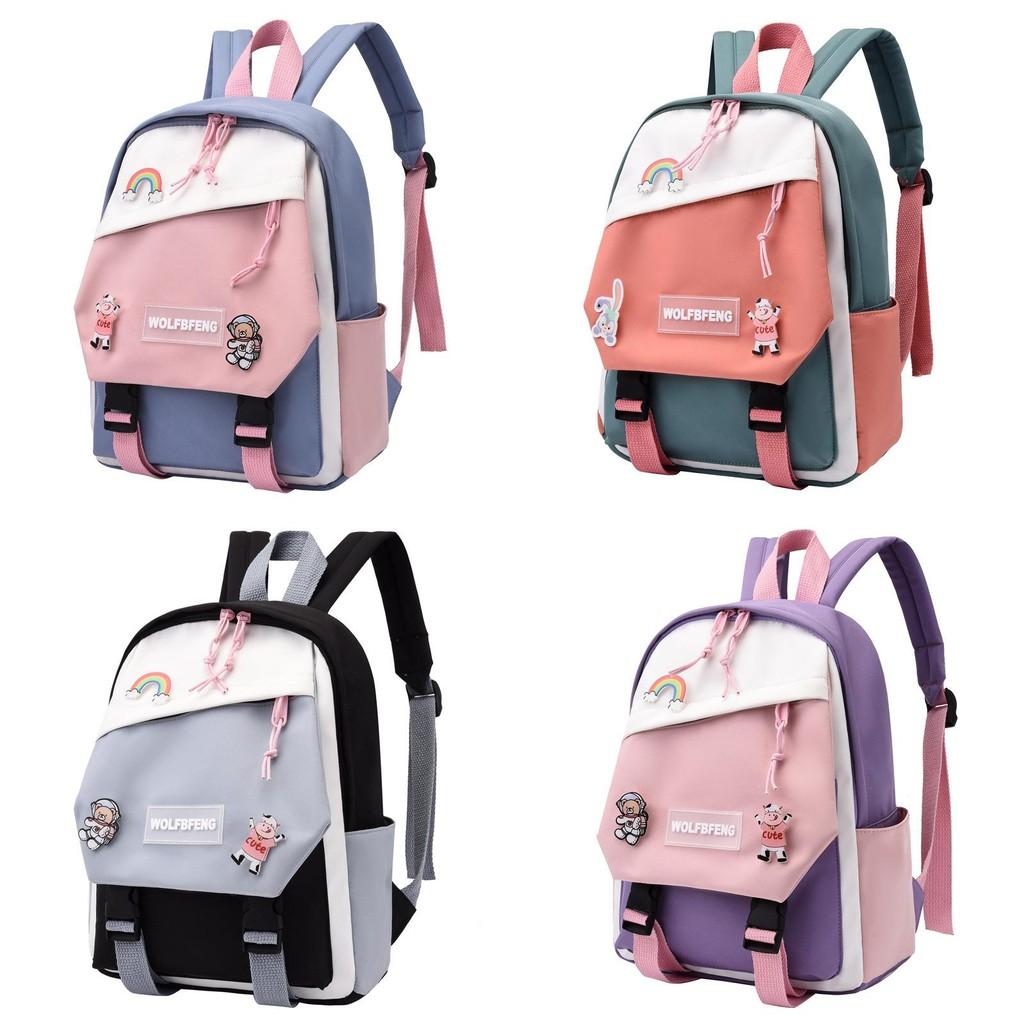 Blocked Simple Color Children Backpack Student  With Cartoon Badge School For