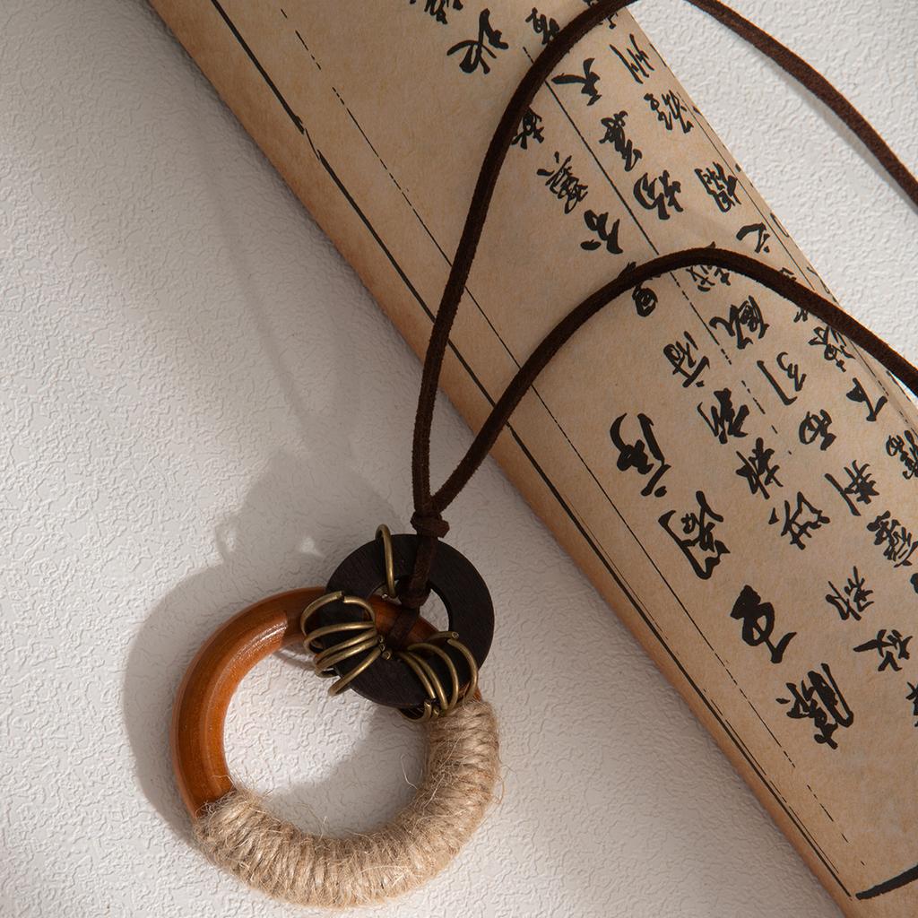 National Style Zen Woven Rope Round Pendant Necklace, Autumn And Winter Retro Bohemian National Style Long Sweater Chain