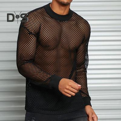 Herren Mesh-Oberteil, ultradünn, durchsichtig, Rundhalsausschnitt, lange Ärmel, einfarbig, dehnbar, lockere Passform, muskelaufbauendes Party-Homewear-Club-Tanz-Performance-T-Shirt