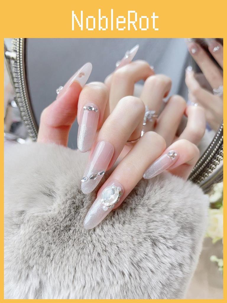 New Handmade Almond-shaped Cat Eye Nail Art With Sparkling Rhinestones Removable Fake Nail Stickers
